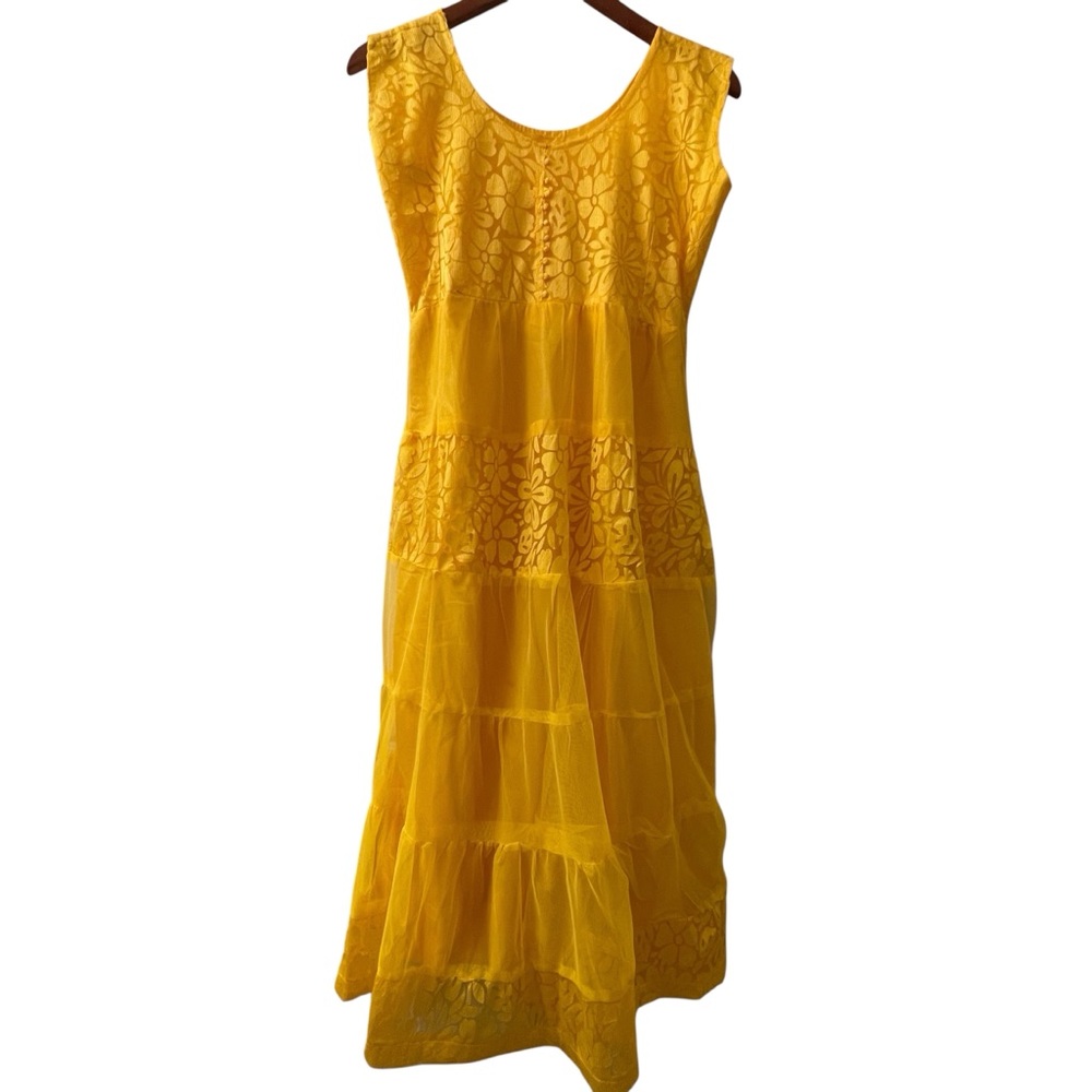 ❤️ Vintage Hand Crafted Bohemian Yellow Chiffon Overlay Maxi Dress - Picture 4 of 5